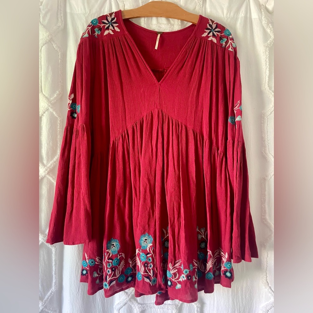 Free People Red Embroidered V-Neck Mini Dress